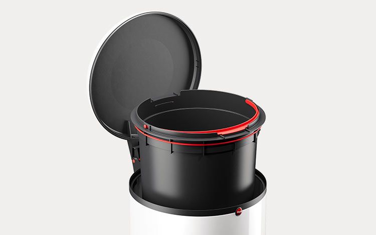 Removable plastic inner bin with a red rubber clamping ring