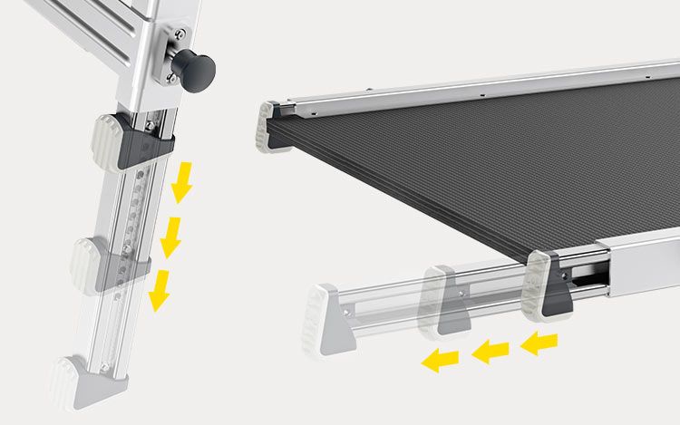 Length and height-adjustable telescopic rails and feet on the Hailo TP1 stairs platform