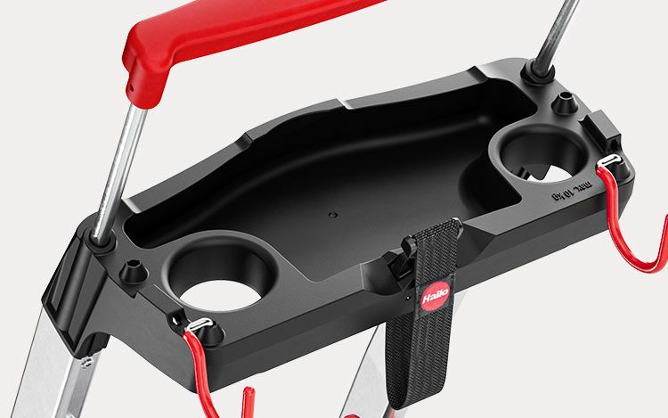 Multipurpose tray on a stepladder with a bucket strap and universal hooksall parts